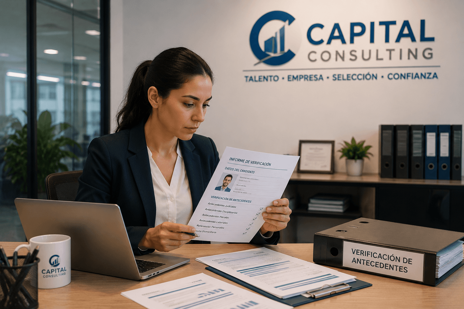 Analista de Capital Staffing revisando un informe de verificación de antecedentes