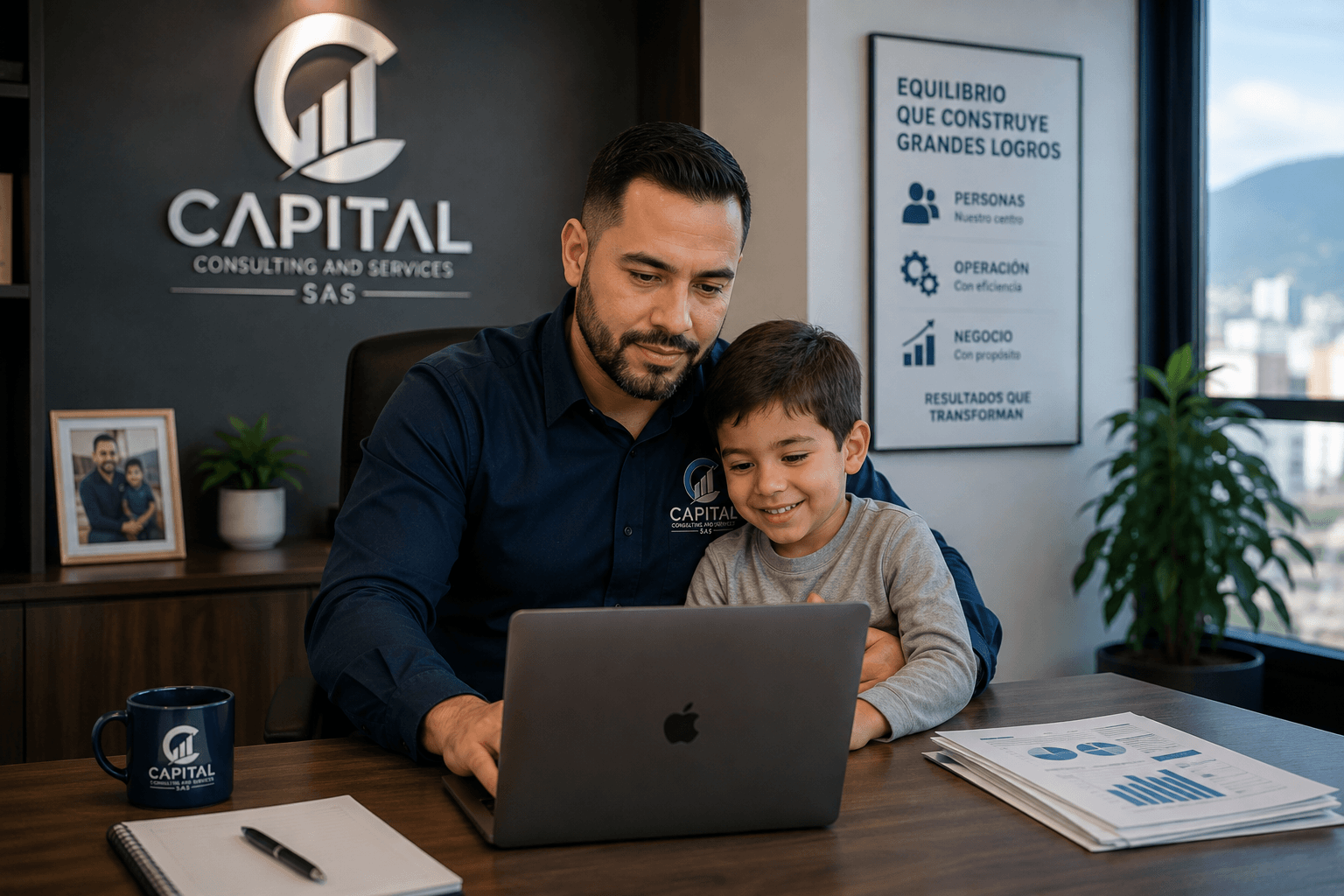 Profesional de Capital Consulting trabajando en su oficina junto a su hijo, en un ambiente de equilibrio entre la vida laboral y familiar