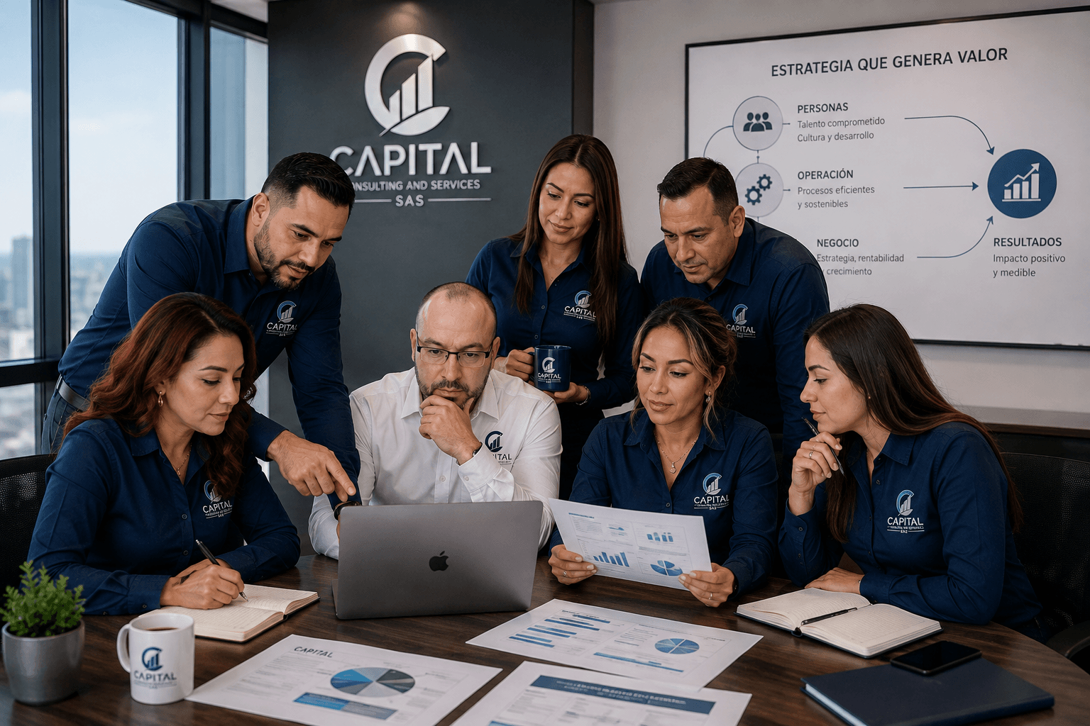 Equipo de Capital Consulting reunido analizando estrategia y resultados de gestión humana en sala de juntas