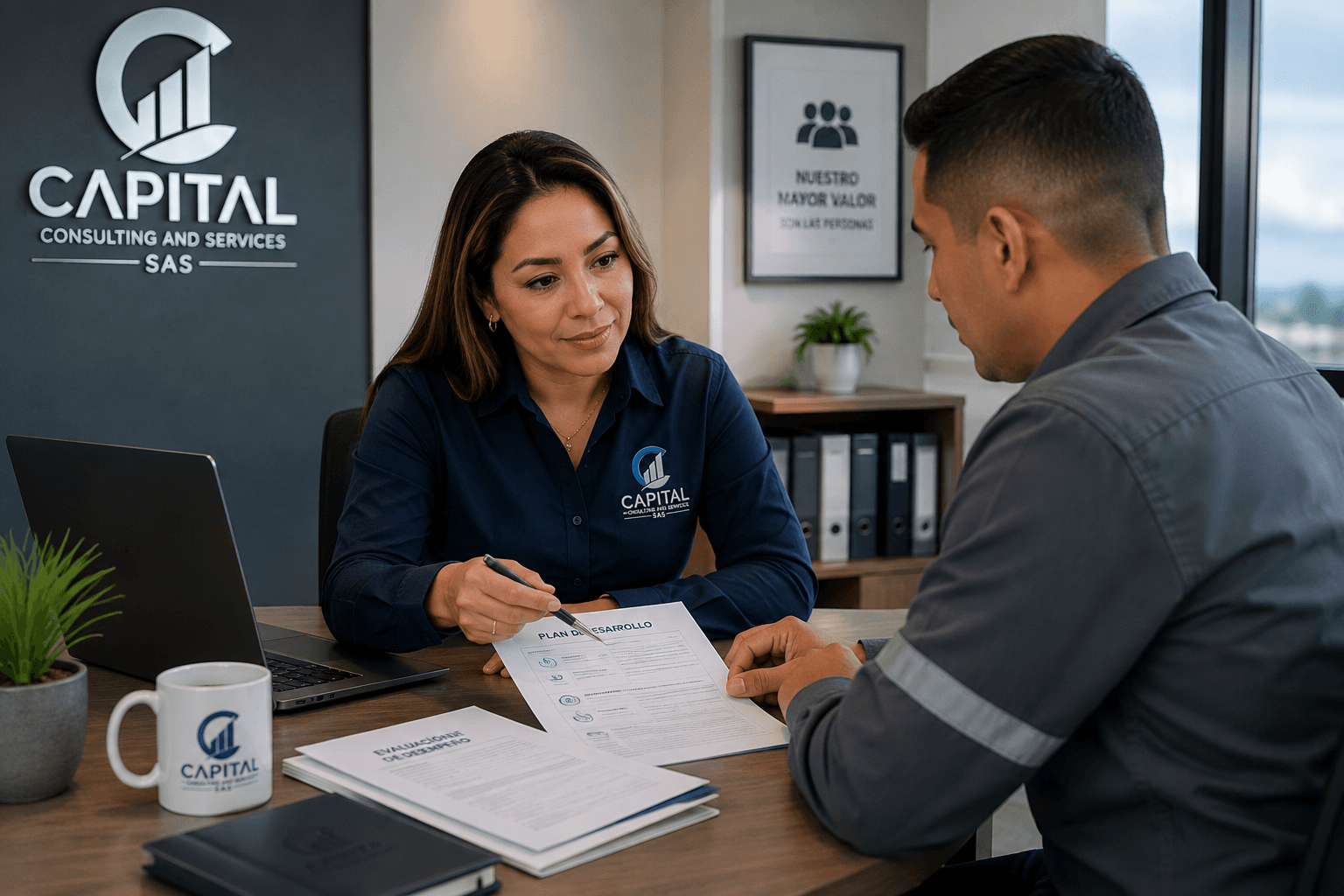 Asesora de Gestión Humana de Capital Consulting revisando documentación laboral junto a un colaborador