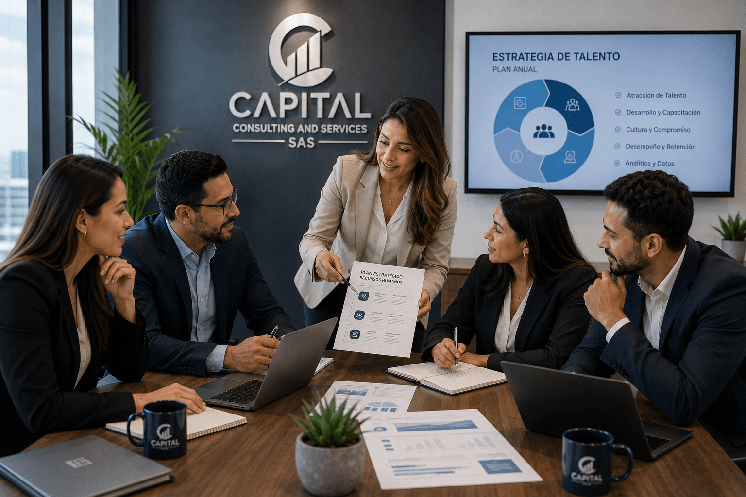 Equipo directivo de Capital Consulting analizando un plan estratégico de talento humano en sala de juntas