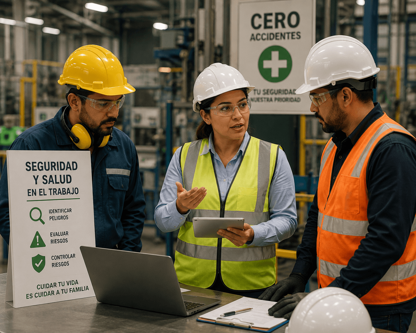 Especialista de Capital Consulting revisando con un equipo operativo los estándares de Seguridad y Salud en el Trabajo en planta