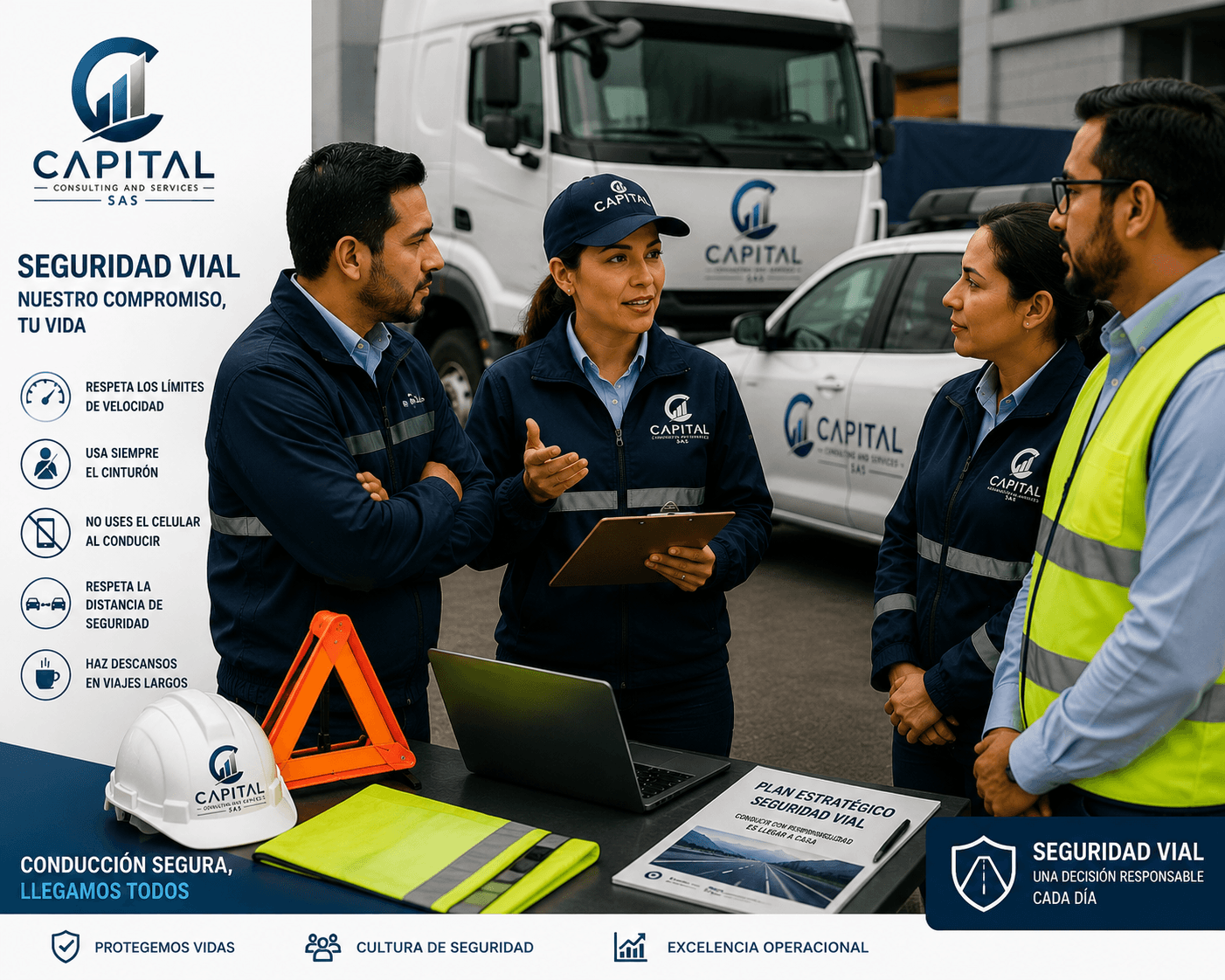 Especialista de Capital Mobility revisando el plan estratégico de seguridad vial junto a un equipo operativo y su flota