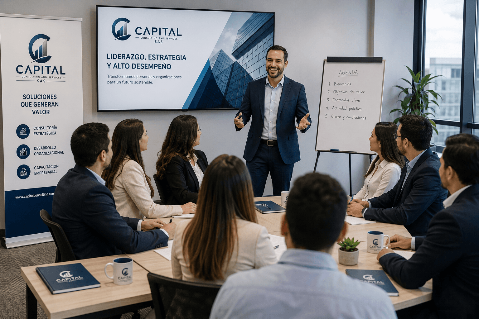 Facilitador de Capital Consulting liderando una sesión de formación empresarial con un equipo directivo
