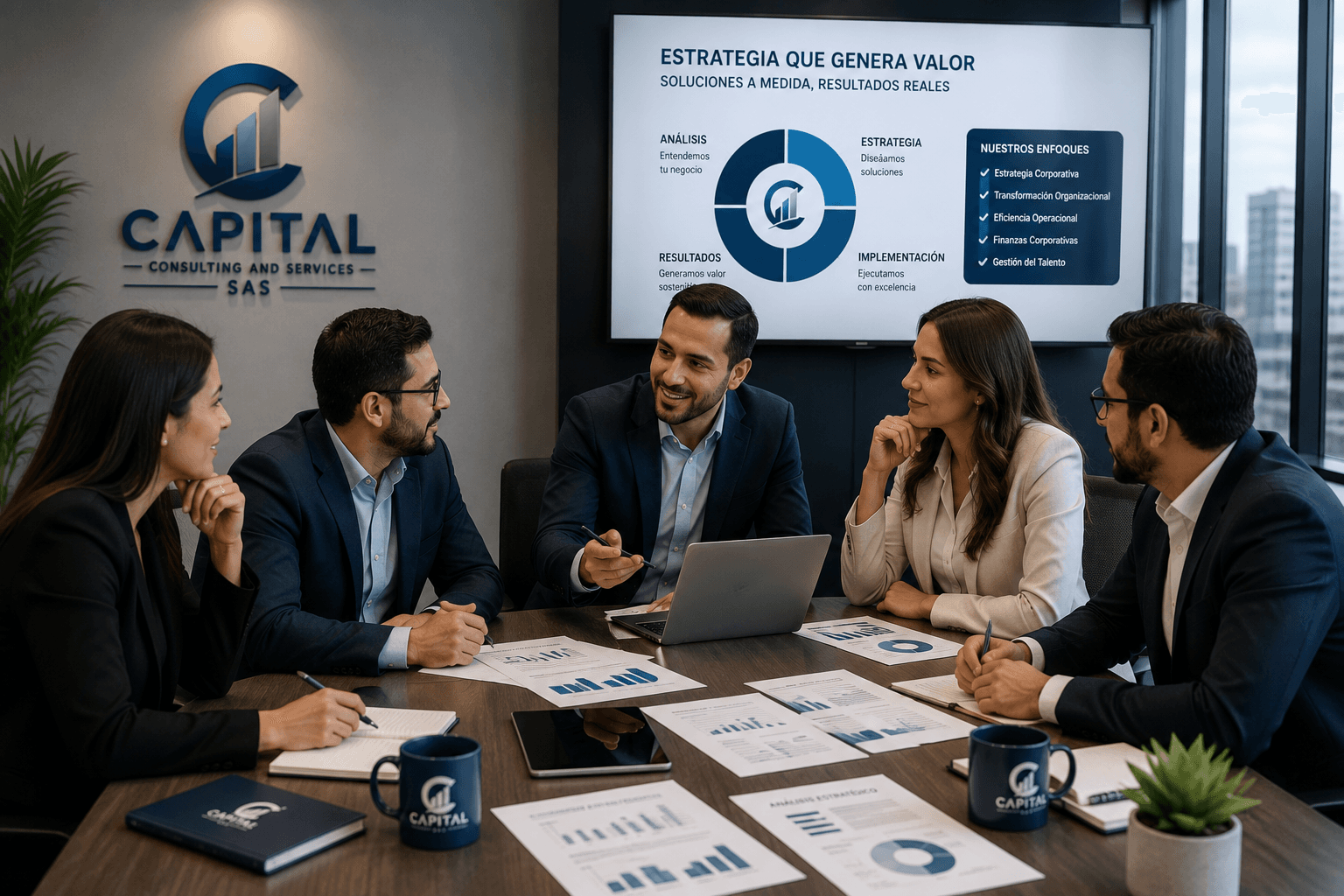 Consultor de Capital Consulting presentando un análisis estratégico a un equipo directivo en sala de juntas