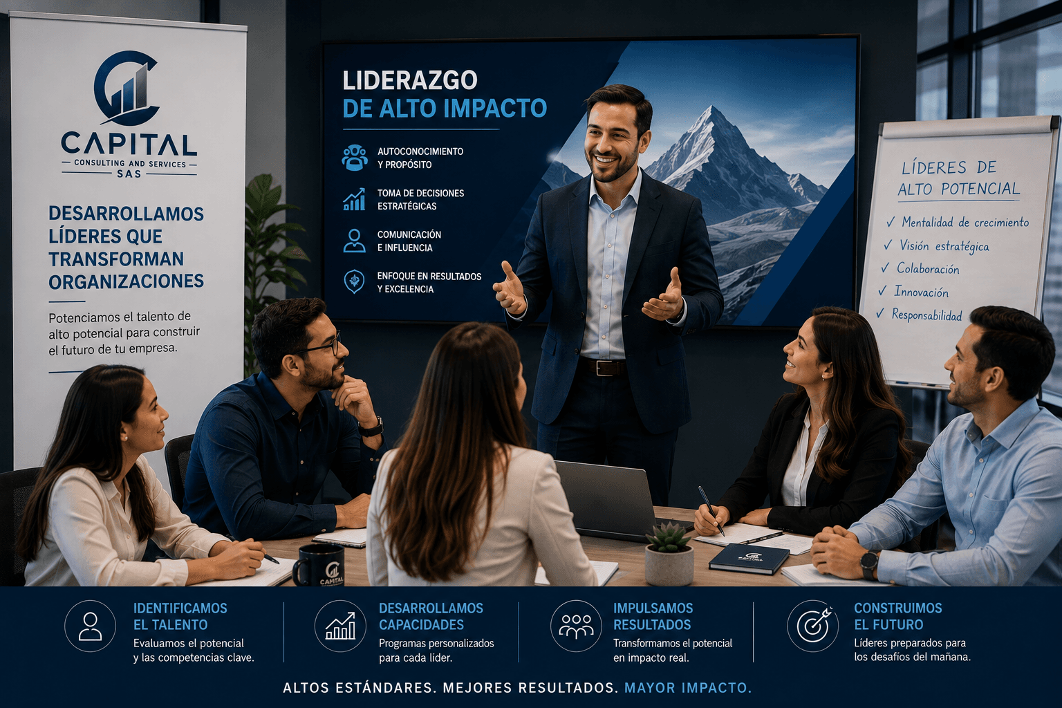 Líder de Capital Consulting presentando un modelo de desarrollo de liderazgo de alto potencial a su equipo