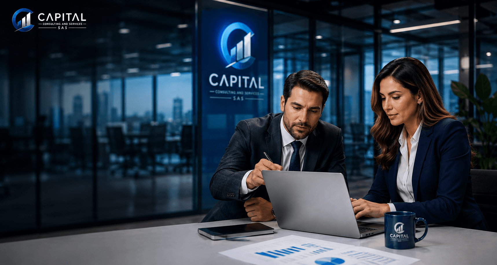 Profesionales de Capital Consulting analizando información en una sala de juntas