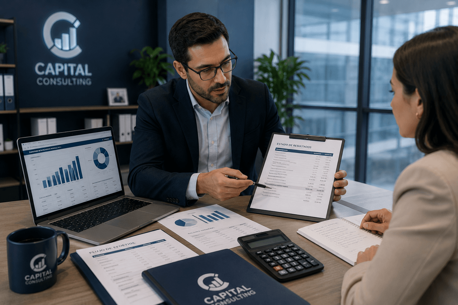 Consultor de Capital Business Services presentando el estado de resultados a un cliente