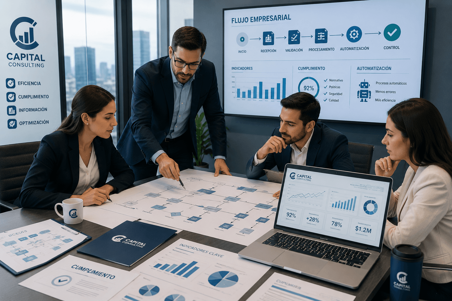 Equipo de Capital Business Services revisando el flujo de procesos e indicadores de cumplimiento