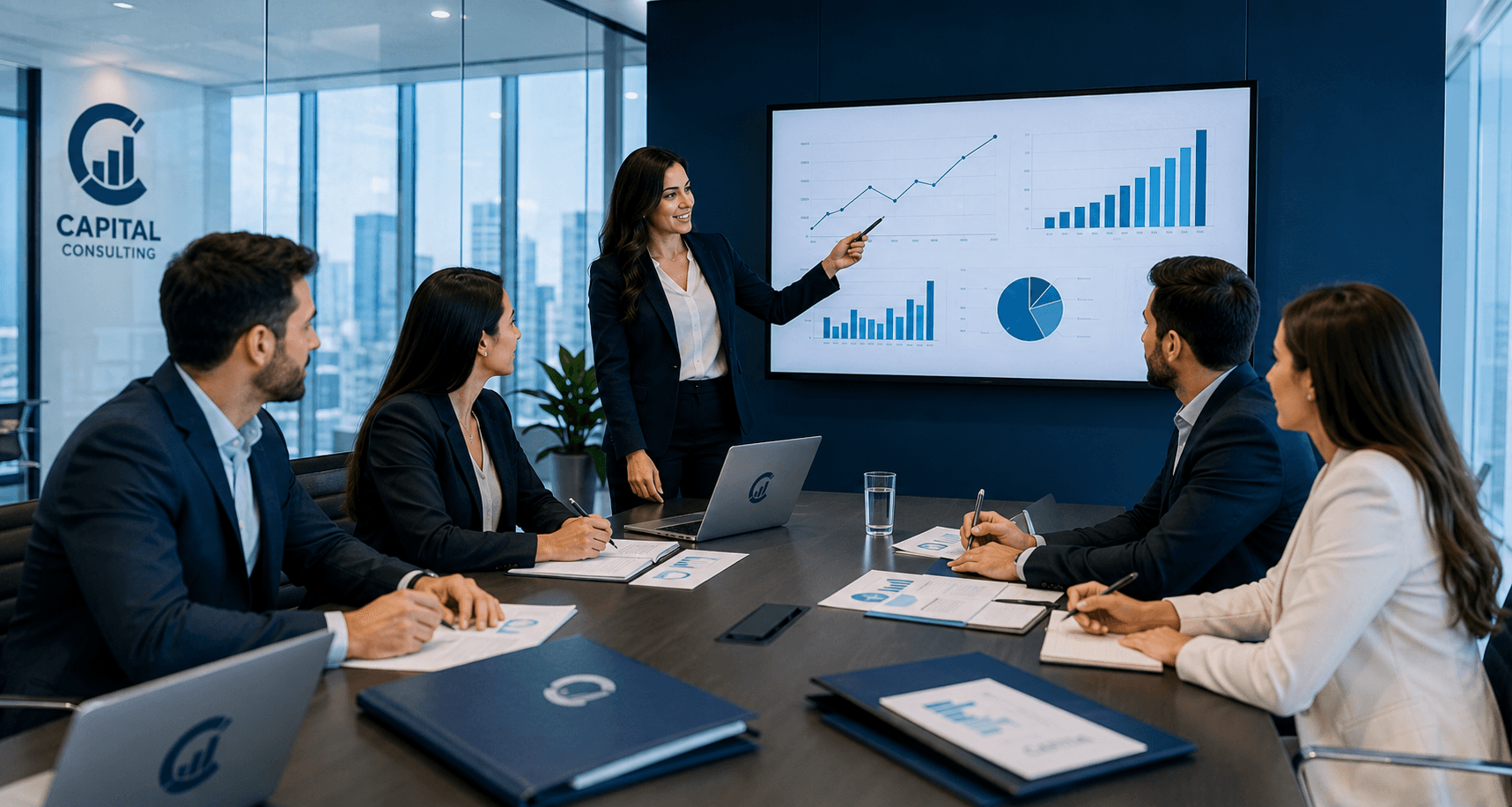 Consultora de Capital Business Services presentando indicadores financieros en sala de juntas
