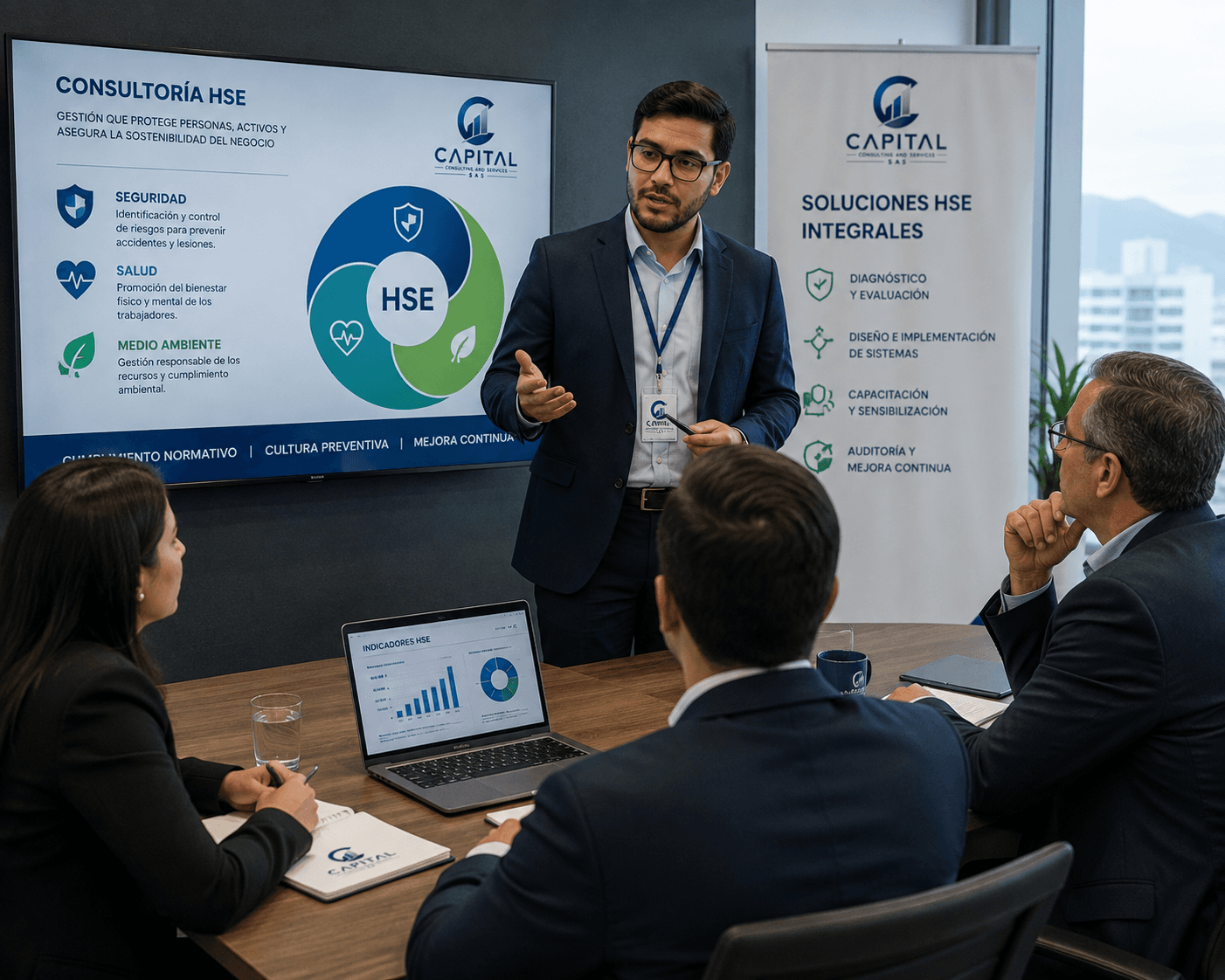 Consultor de Capital HSE presentando el modelo de consultoría en Seguridad, Salud y Medio Ambiente ante un comité de clientes
