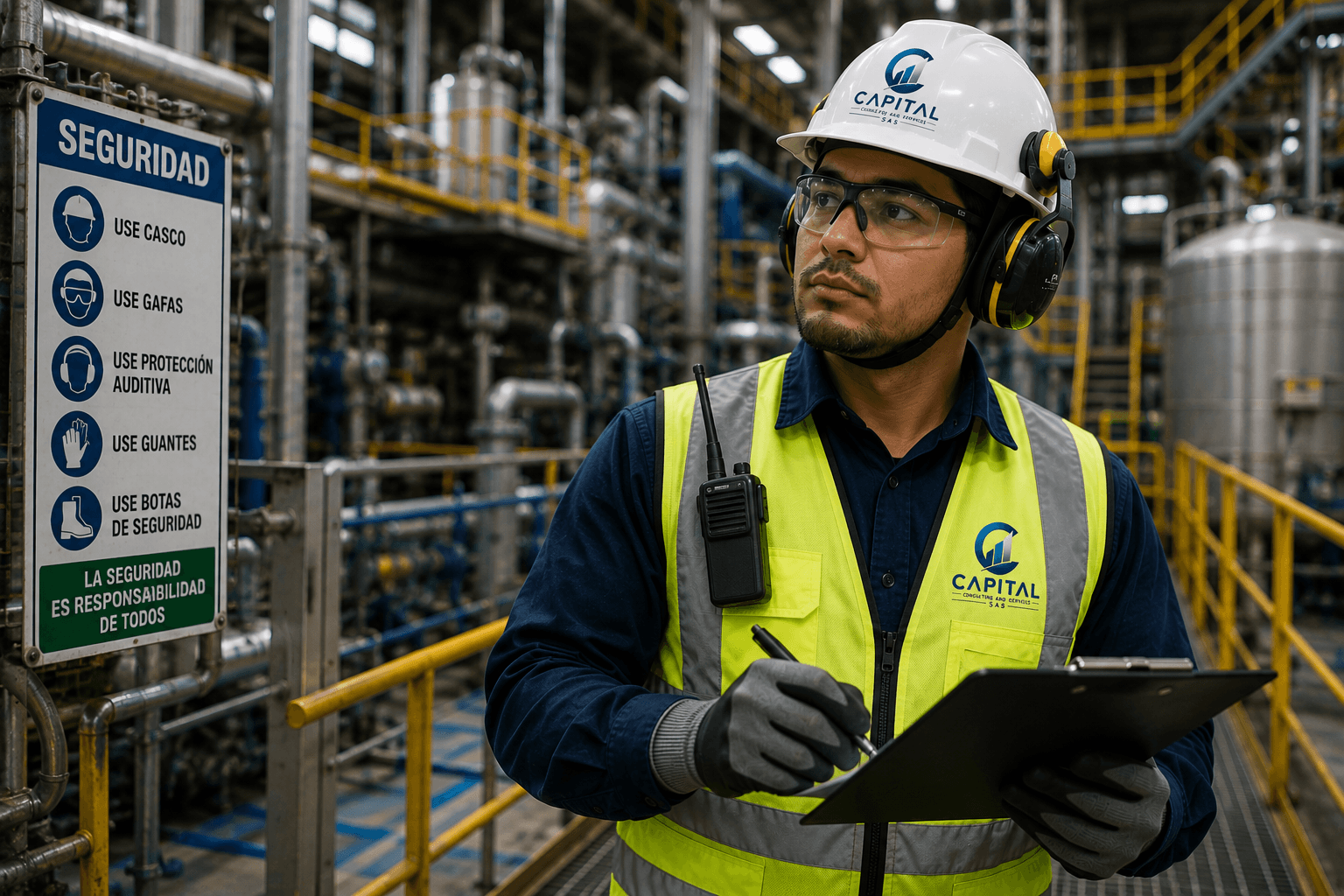 Inspector de Capital HSE con casco y chaleco reflectivo de Capital Consulting revisando una lista de verificación en una planta industrial
