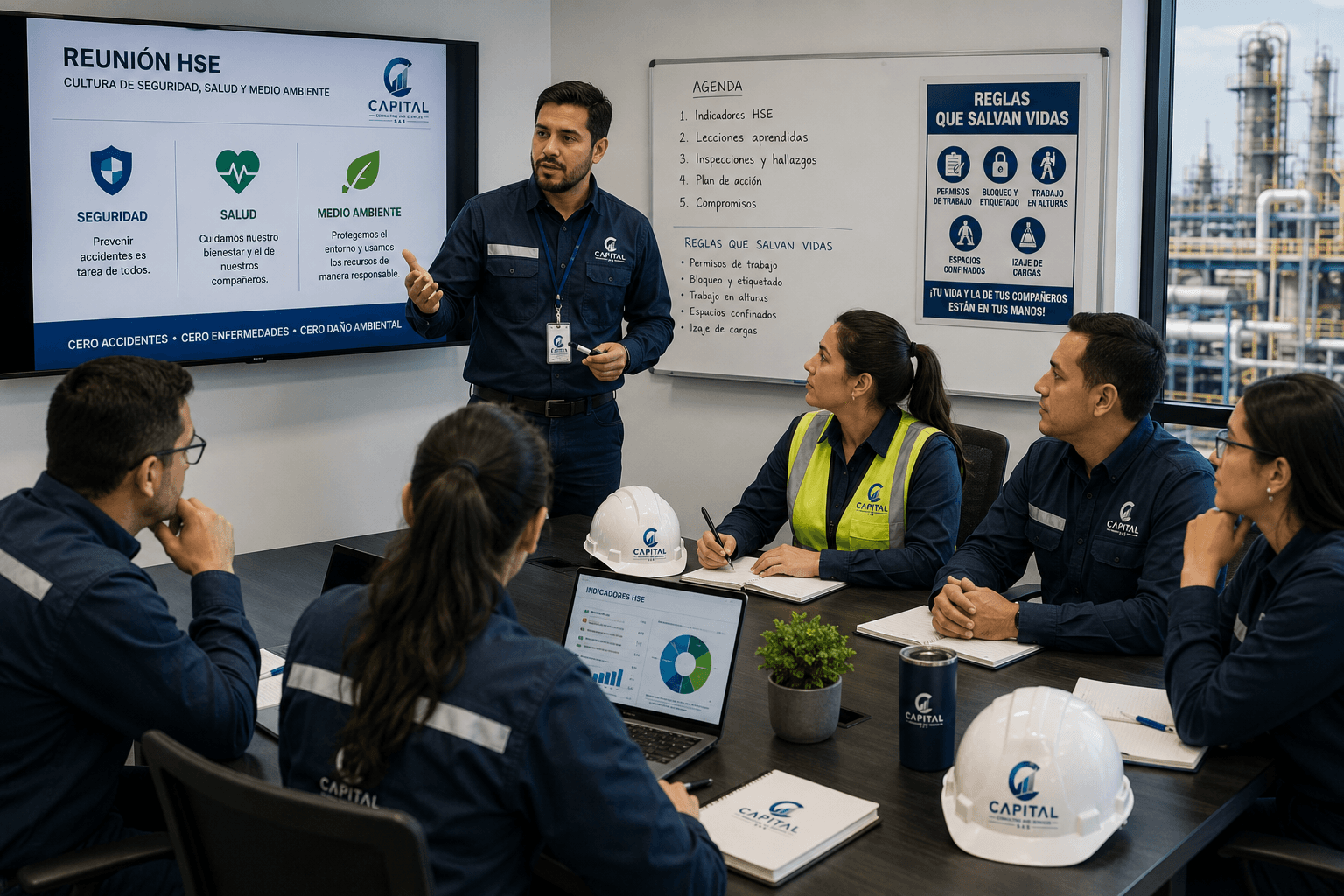 Equipo de Capital HSE en reunión de seguridad revisando indicadores y reglas que salvan vidas