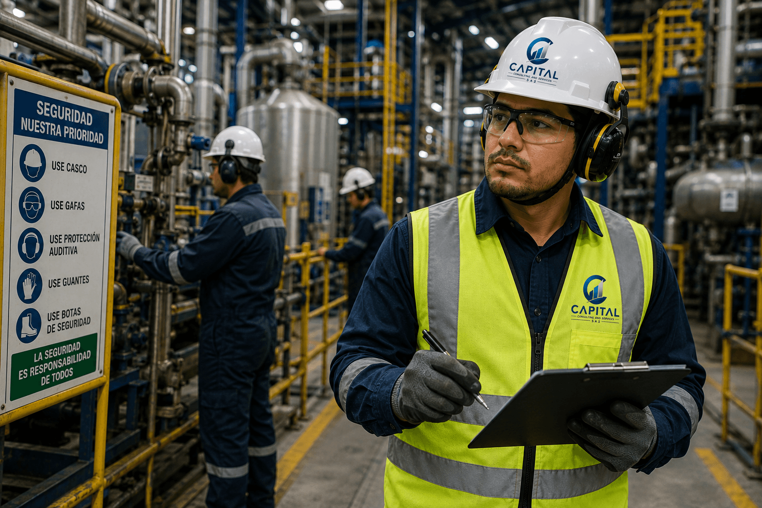 Equipo de Capital HSE realizando una inspección de seguridad en planta con señalización de riesgos