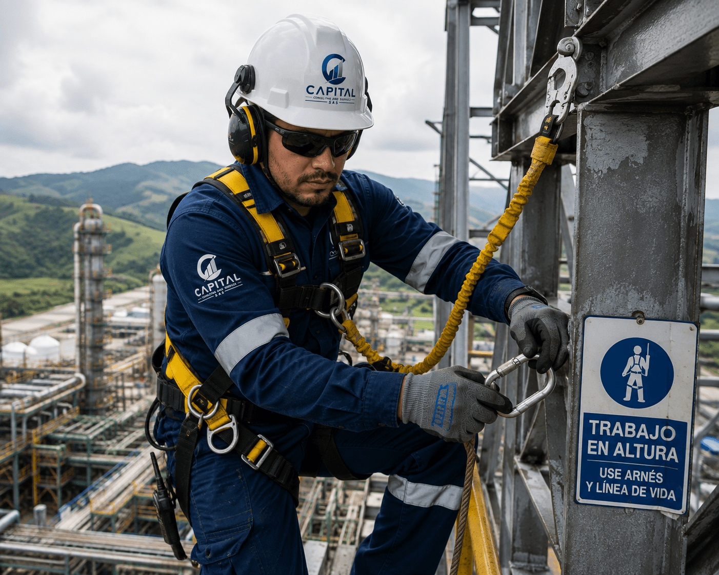 Técnico de Capital HSE con arnés y línea de vida realizando trabajo en altura en planta industrial