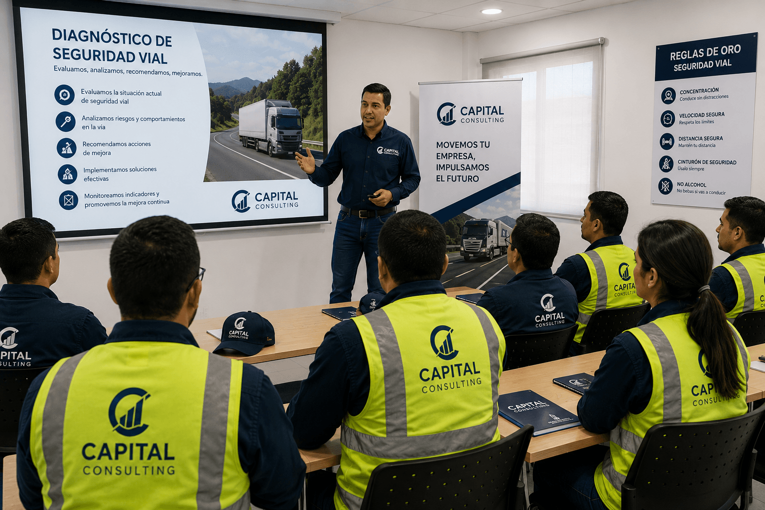 Sesión de capacitación en seguridad vial para conductores de Capital Consulting