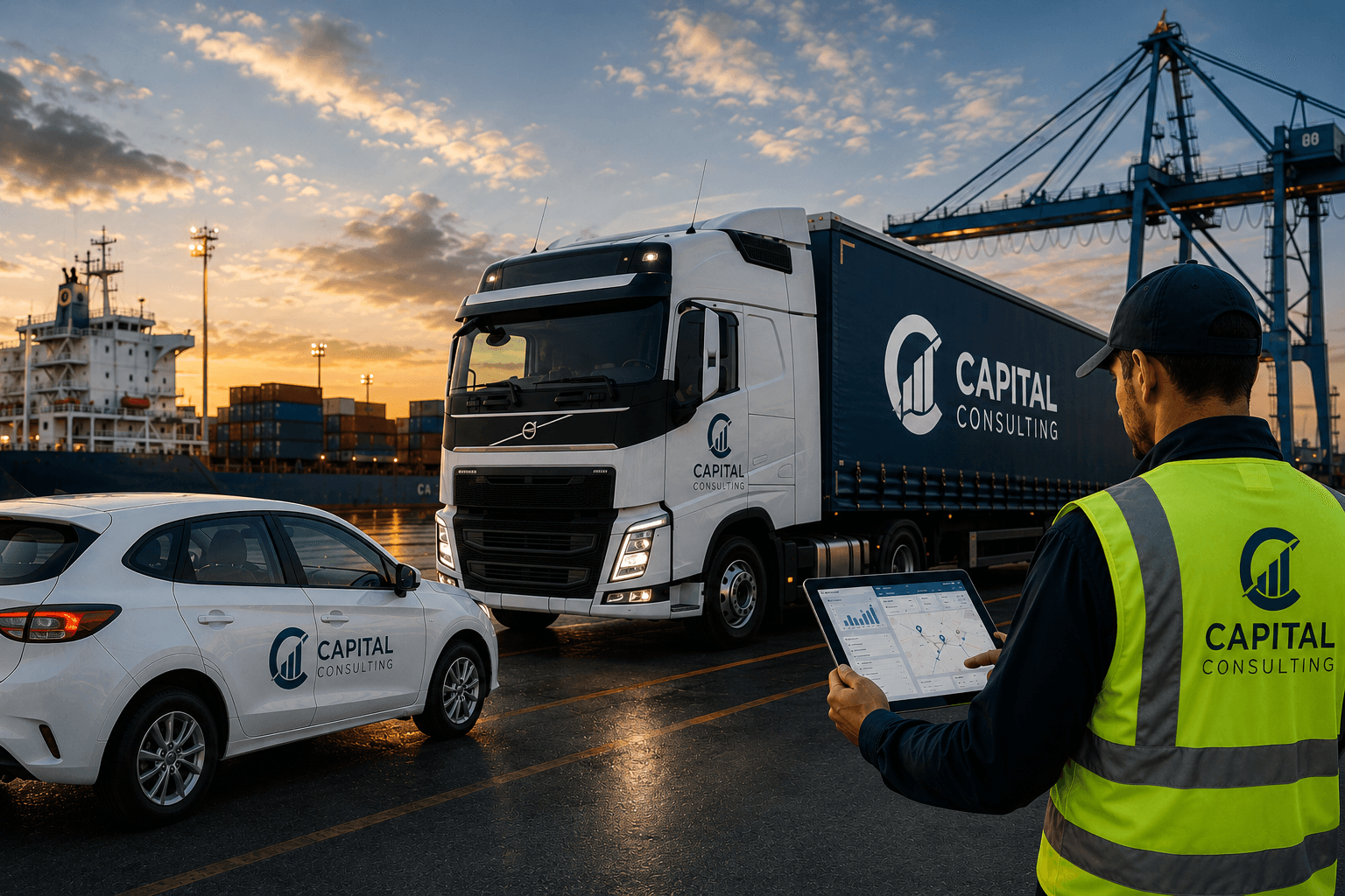 Operación de transporte con vehículos de Capital Consulting en puerto, supervisada con tablet