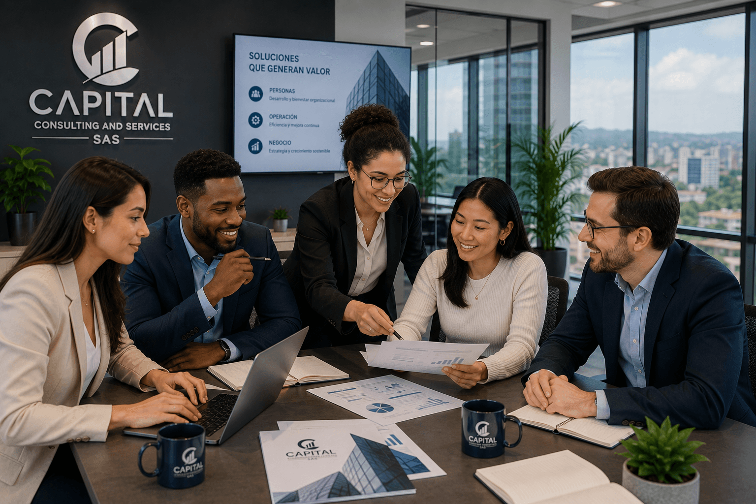 Equipo de Capital Consulting and Services colaborando en oficina