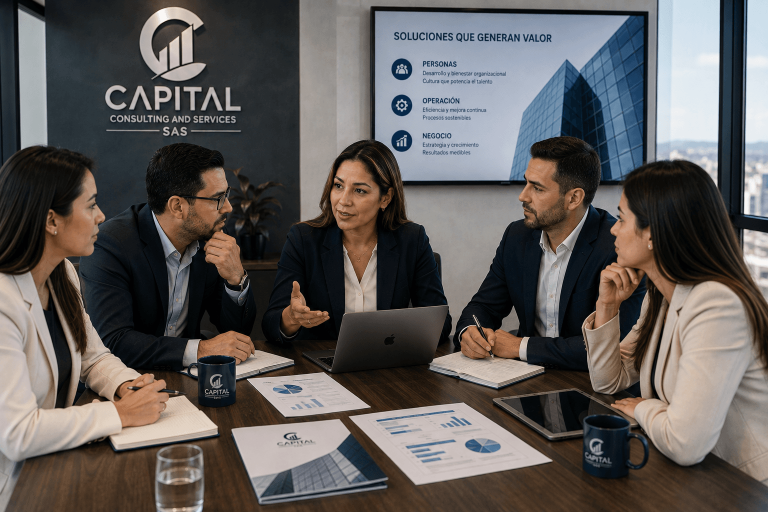 Equipo comercial de Capital Consulting and Services en una reunión de asesoría